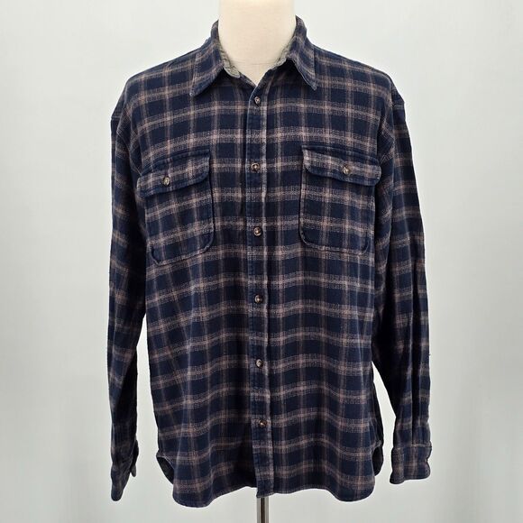 Outdoor Exchange Heavyweight Flannel Shirt Mens LT Dark Blue Plaid Double Pocket - Picture 2 of 6
